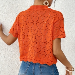 New Arrival Custom Hollow Out Crochet Knit <b>Cardigan</b> Short Sleeve Button Down Scalloped Hem Short Beach Coverup For Women - Product Image 2