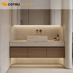 Vasque en travertin naturel, meuble-lavabo flottant en <span class=keywords><strong>marbre</strong></span> <span class=keywords><strong>beige</strong></span> avec tiroir en bois pour <span class=keywords><strong>salle</strong></span> <span class=keywords><strong>de</strong></span> <span class=keywords><strong>bain</strong></span> <span class=keywords><strong>de</strong></span> villa ou d'hôtel - Product Image 3
