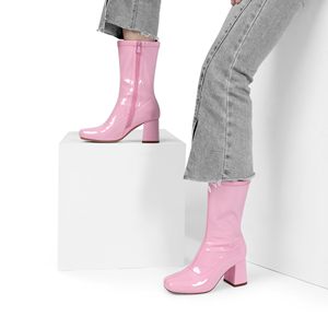 Botas Gogo para mujer, botas de media pantorrilla con punta cuadrada para mujer, botines al tobillo, botas de vestir de tacón grueso, piel sintética con cremallera - Product Image 6