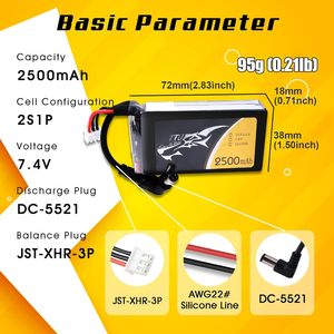TATTU 2500mAh 2S 7.4v Fatshark 飞行眼镜耳机锂电池组 适用于无人机 DC55mm 插头 LED 电源指示灯 800 次循环 LiCoO2 - Product Image 2