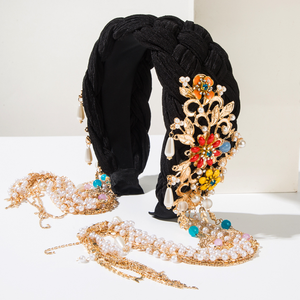 Serre-tête simple tressé à la main, style ethnique, polyvalent, avec pompon, incrustations métalliques et fleur de perles, accessoires pour cheveux femme - Product Image 4