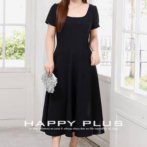 Robe évasée pour femmes grandes tailles, col carré, manches courtes, couleur unie noire, design à panneaux N9244 - Product Image 3