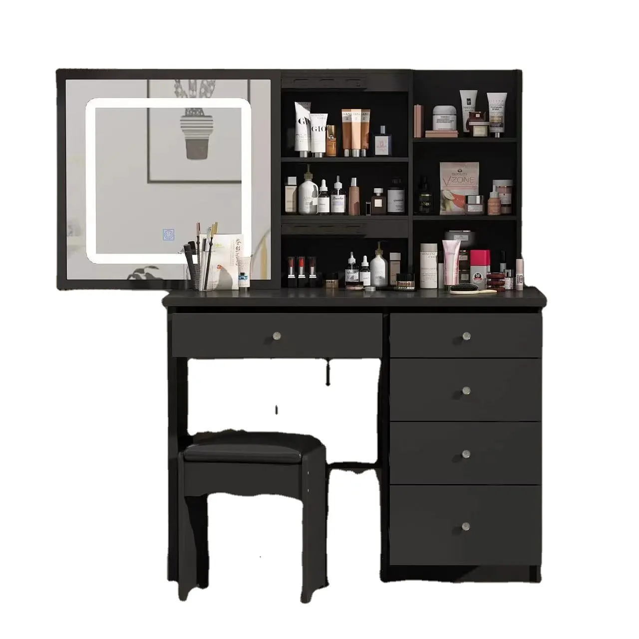 Mesa de tocador de diseño elegante, tocador de madera blanca de alto brillo, mesa de maquillaje con pantalla táctil, espejo LED para dormitorio de niña