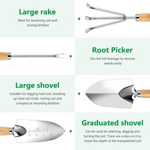 Ensemble de jardinage robuste avec sac, kit d'outils de jardinage pour femmes, pelle à manche en bois en acier inoxydable, outils de jardinage pour pelouse et cour - Product Image 5