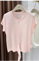 Camiseta de punto calado de manga corta para mujer con cuello redondo y abertura frontal, top ligero y transpirable, jersey corto