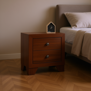 Table de chevet transitoire à 2 tiroirs en bois de cerisier brun avec quincaillerie métallique, meubles de chambre à coucher - Product Image 2