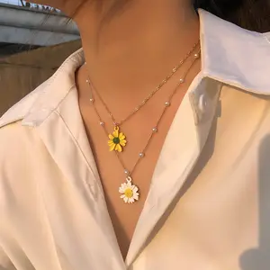 Collares Kalung Bunga Daisy Lapisan Ganda, Aksesori Toppik Manik-manik Manik-manik Con