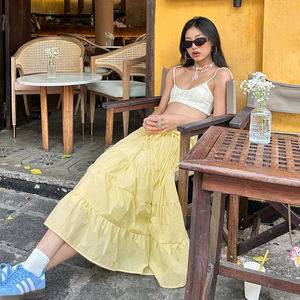 Jupe midi trapèze jaune crème estivale avec détail nœud, style gâteau à étages, pour femme, tendance et élégante - Product Image 6