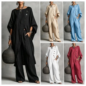 Ensemble de costume chemise irrégulière pour femme, tenue décontractée avec pantalon en lin, tailles SMLXLXXL3XL4XL5XL, style mode Europe-Amérique - Product Image 1