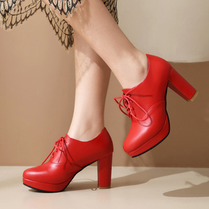 <b>White</b> Faux Leather Platform <b>Heels</b> With Lace-Up Closure Round Toe Mid Block <b>Heel</b> Women Shoes All Seasons Drop Shipping - Product Image 5
