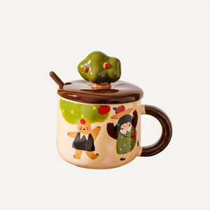 Mug rétro en céramique Apple Tree Girl avec couvercle et cuillère, cadeau d'affaires écologique de luxe pour le bureau, couleur et capacité personnalisables - Product Image 1