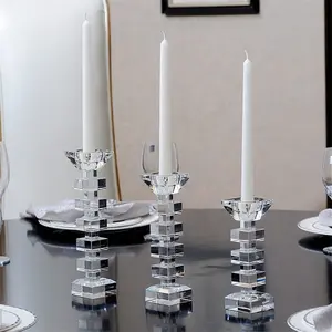 Tempat lilin pernikahan rumah Modern, tempat lilin kaca kristal bening persegi kepala tunggal dekorasi meja makan malam