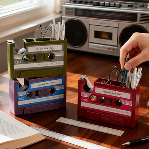 Portalápices Retro con Diseño de Cinta <span class=keywords><strong>Cassette</strong></span>, Soporte para Bobina de Cinta, Cortador de Cinta, Organizador Multifuncional para Oficina, Caja de Almacenamiento para Escritorio - Product Image 2