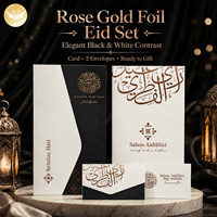 Hari Raya Eid Mubarak Grußkarte mit 2 Stück Geldumschlägen Set, Roségold-Folie Muslimische Ramadan Duit Raya Bargeld-Geschenkpaket-Karte
