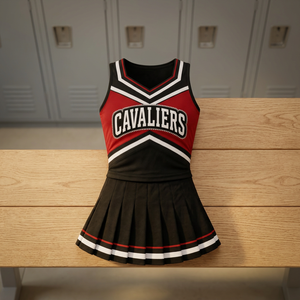 Uniforme de cheerleading personnalisé, style jupe rouge, noir et blanc, impression par sublimation pour adultes, logo en strass sur le devant, uniforme de cheerleading pour filles - Product Image 3