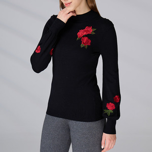 Custom Black Long Sleeved <b>Jumper</b> Winter <b>Pullover</b> Knitwear Crew Neck Knitted Top Women Embroidered Floral Sweater for Women - Product Image 2