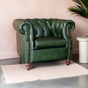 Sillón Vintage de Cuero Genuino Verde con Mechones, Estilo Mediados de Siglo, para Sala de Estar, Dormitorio, Estilo Inglés, Finales del Siglo XX - Product Image 2
