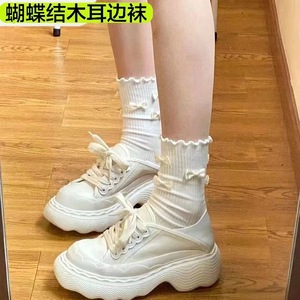White Cotton Crew <b>Socks</b> With Bow And Ruffle Trim For Women Breathable Sweat Absorbing Mid Calf Style Spring Summer Wear - Product Image 2