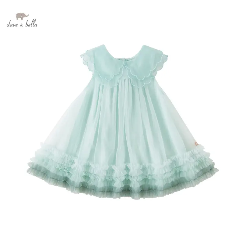DB2235622 ديف بيلا الصيف طفل الفتيات رمادي أخضر الموضة فستان الأميرة الأطفال الفتيات نمط لطيف شبكة طية صدر السترة اللباس اليومي