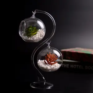 Supplier of round shape desktop hanging plant glass vase plant pot in iron metal flower display stand