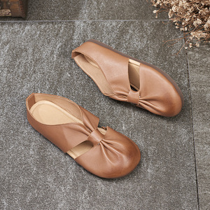 Sandalias de piel con cabeza redonda para mujer, zapatos planos con estilo japonés y suelas suaves disponibles - Product Image 2