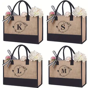 Personalized Letter Embroidered Large Capacity Burlap Tote Bags Women Shoulder Monogram Jute Tote Bag for Shopping and Gifts