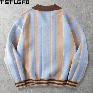 Pull en tricot rayé OEM/ODM, col polo brodé, style universitaire rétro, coupe oversize, tricot lourd, vente en gros - Product Image 4
