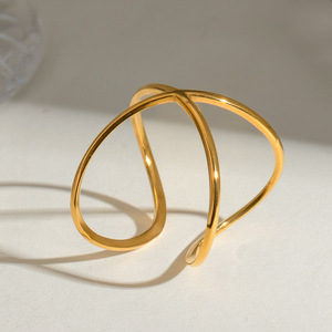 X-Shaped Cross Line <b>Open</b> <b>Ring</b> 18k Gold Stainless Steel Geometric Design Unisex Fashion Jewelry Gift - Product Image 3