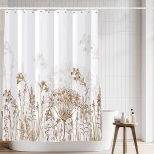Kahverengi çiçek baskılı su geçirmez kumaş banyo duş perdesi ev otel makinesi yıkama duş perdeleri banyo için