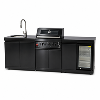 Station de barbecue au charbon de bois 3-en-1 personnalisée en acier inoxydable noir, îlot de cuisson extérieur mobile avec réfrigérateur et évier pour jardin