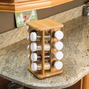Bamboo <b>Spice</b> Rack Double Layer Rotating Airtight Storage For Kitchen Countertop Seasoning <b>Jar</b> With Plastic Lids - Product Image 2