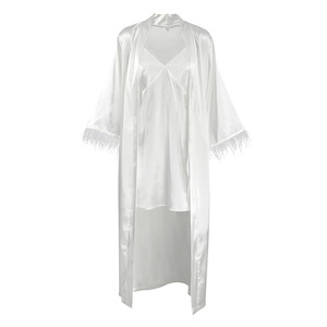 2025 nuovo prodotto <span class=keywords><strong>bianco</strong></span> <span class=keywords><strong>raso</strong></span> in piuma Patchwork camicia da notte due pezzi <span class=keywords><strong>pigiama</strong></span> donna abbigliamento da notte - Product Image 5