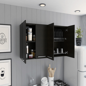 Armario de Pared Rectangular con Cuatro Puertas Batientes para Cocina, <span class=keywords><strong>Color</strong></span> <span class=keywords><strong>Wenge</strong></span>, Almacenamiento Superior con Estantes Ajustables - Product Image 2
