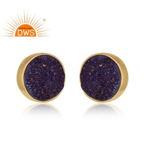 Round Purple Druzy Gemstone Earrings Womens Gold Plated Silver Stud Earring Supplier Jewelry - Product Image 2