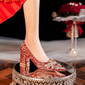 6555F-007 <b>Red</b> Crystal Pointed Toe <b>Heels</b> Women Wedding Dress Shoes Bride Formal Evening Wear - Product Image 5