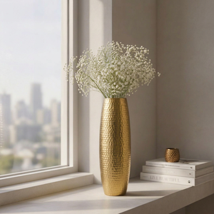 Grand vase à fleurs architectural en métal – Vase haut robuste à accents dorés brossés pour halls d'hôtels et suites exécutives - Product Image 1