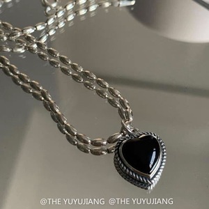 S925 เงินสเตอร์ลิง จี้หัวใจอาเกตสีดำ สร้อยคอสำหรับผู้หญิง โซ่กระดูกไหปลาร้าหรูหรา สไตล์ย้อนยุค ดีไซน์เฉพาะตัว - Product Image 3