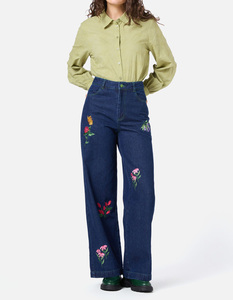 Custom Boutique Ladies Vintage Casual <b>Embroidered</b> Denim <b>Jeans</b> 100% Cotton Washed High Waisted Loose Wide Leg <b>Jeans</b> for Women - Product Image 4