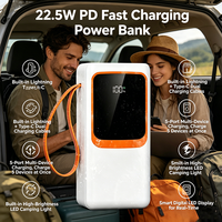 Batterie externe à charge rapide PD 22,5 W avec câbles doubles intégrés, lampe de camping LED, chargeur portable 5 ports, voyage, camping, extérieur