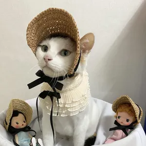 2023 New Dog Hat Pet Accessories Europe and America Pet Cat Hat Spring Summer Sunscreen Grass Straw Braided Cute Lace String Hat