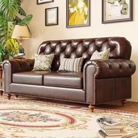 Canapé Chesterfield en cuir véritable de style moderne du milieu du siècle, villa, trois places, à tirette, rangée droite, cuir de vachette de première qualité ciré à l'huile