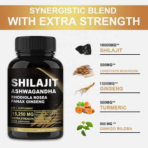 Suplemen Diet Shilajit 8-in-1 dengan Ashwagandha, Rhodiola Rosea, Panax Ginseng, 60 Kapsul Vegetarian per Porsi - Product Image 1