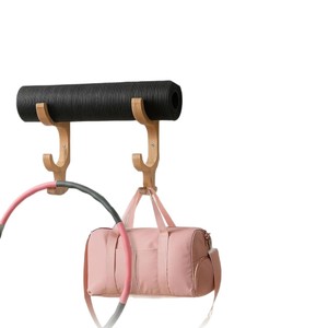 Wooden Yoga Mat <b>Storage</b> Rack <b>Wall</b> Mounted Double Layer With Hooks For Gym Tools Organization - Product Image 5