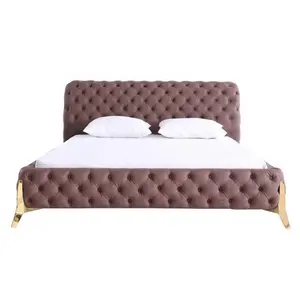 Moderne California Leer Koning Bed 1.8 M Dubbele Bed Stof Massief Houten Dubbele Kingsize Stof Knop Ontwerp Eenpersoonsbed