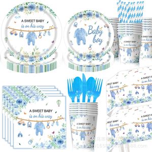 Ensemble de vaisselle imprimé numérique rond bleu pour fête de baptême, 60-80 pièces, décorations d'anniversaire respectueuses de l'environnement - Product Image 4
