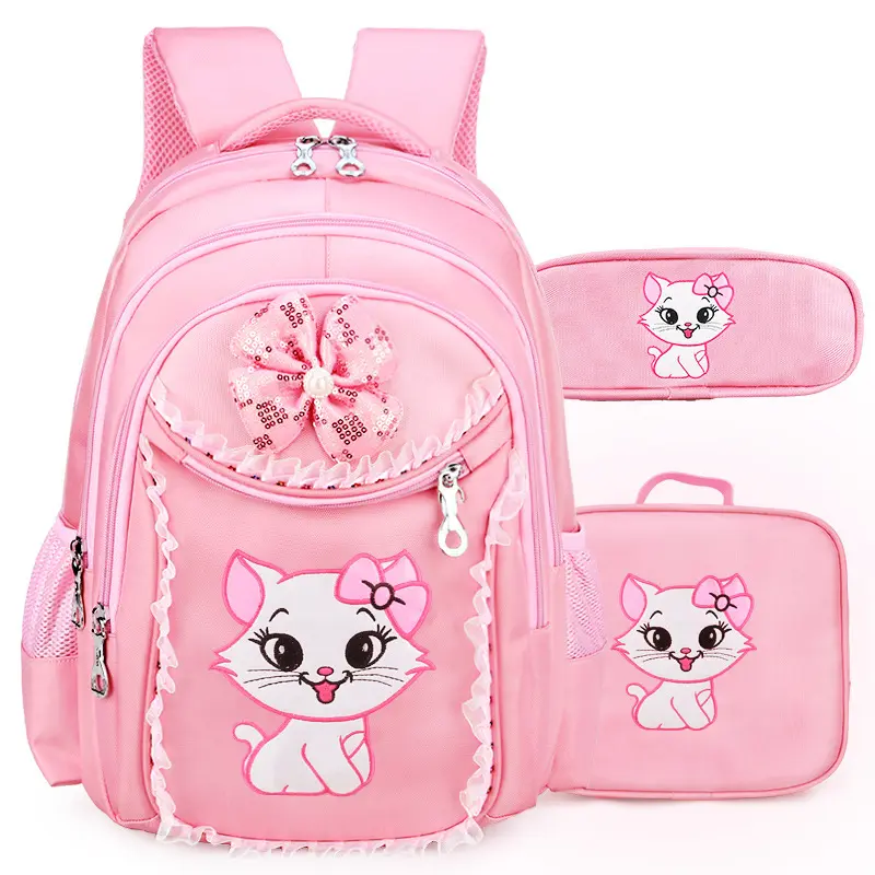 New Design 3in1 schoolbag set with cat pattern kitty backpack for girls with lunch bag and pencil bag