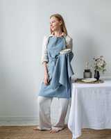 Tablier jetable en lin naturel bleu poussière avec poches, doux, couleur personnalisable, taille unique pour femmes et hommes, usage en restaurant
