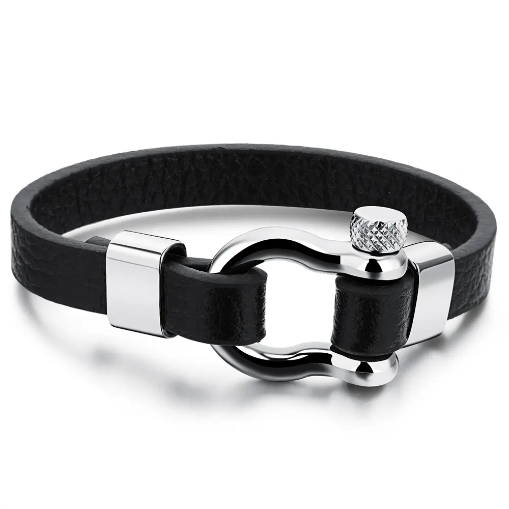 Precio de fábrica de hombre negro de acero inoxidable nombre logotipo personalizado hombre pulsera de cuero