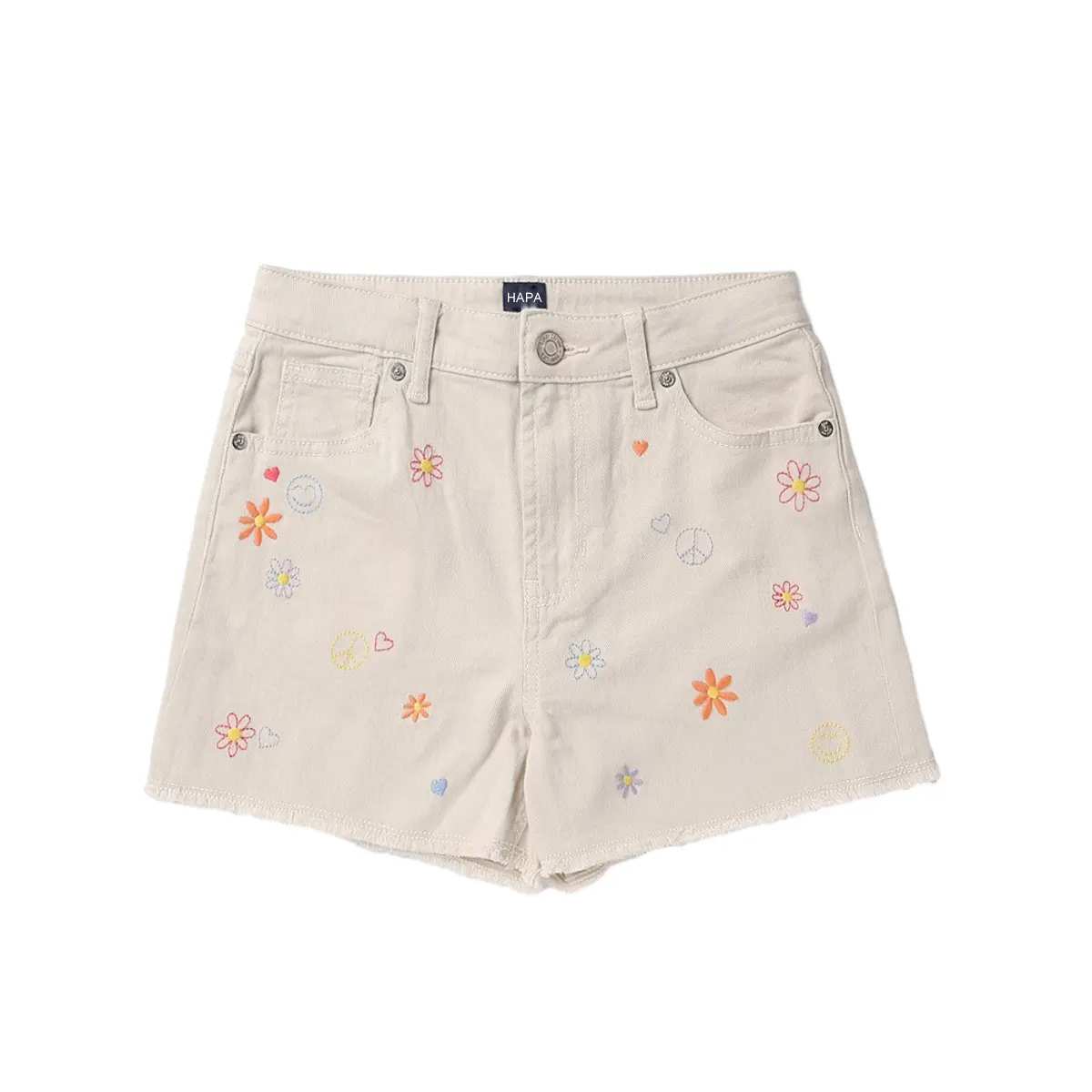 Venda quente Shorts jeans branco bordado flor rosto sorriso meninas shorts jeans