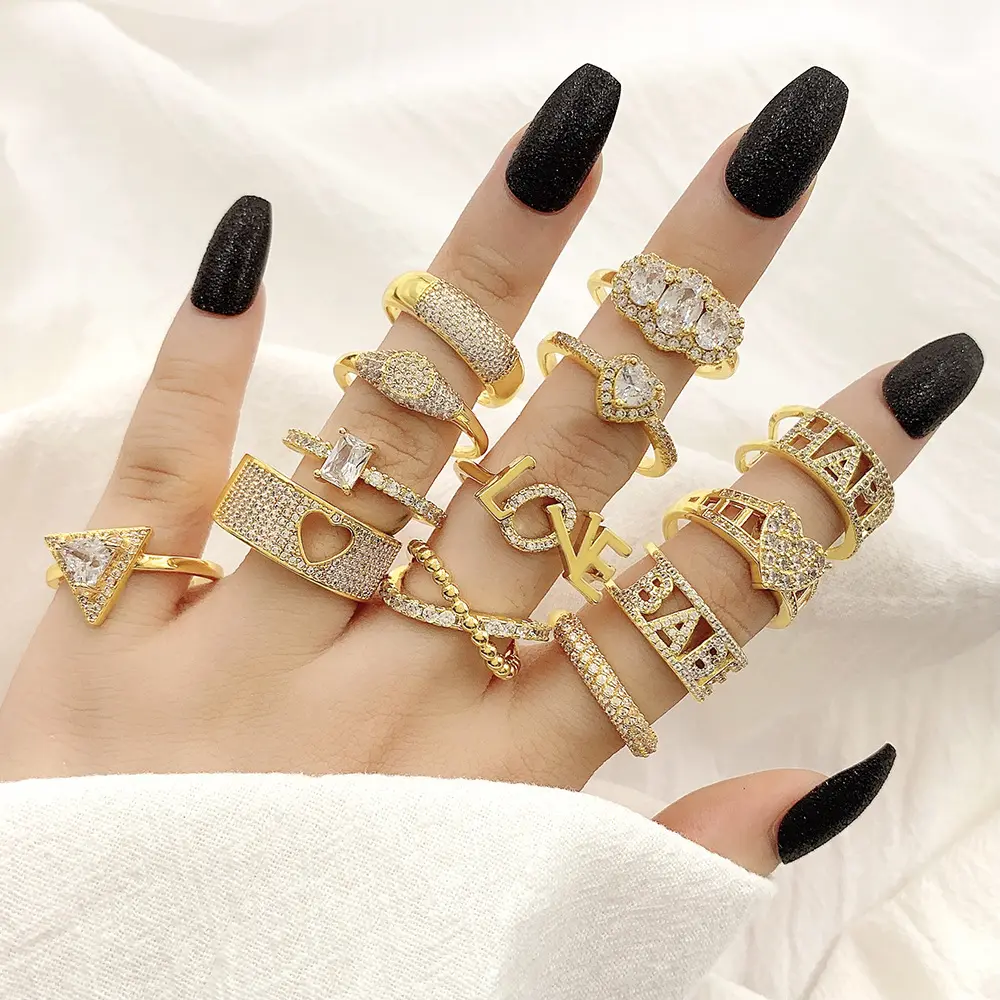 Anelli con zirconi cubici placcati oro 18 carati anello con fede nuziale impilabile con pavé di pietra zircone Cz lucido aperto regolabile